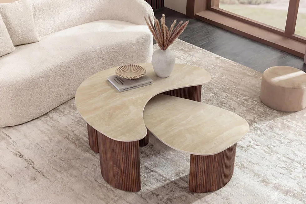 2er Set Couchtische OSAKA 120cm champagner greige Travertin Keramik Walnuss