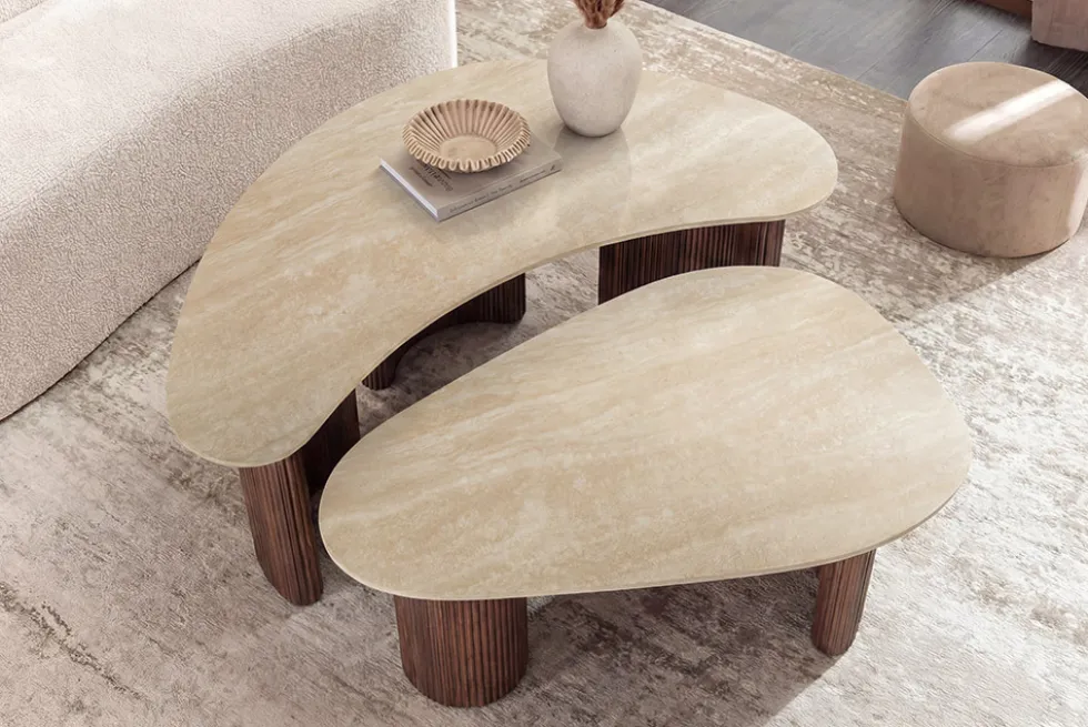 2er Set Couchtische OSAKA 120cm champagner greige Travertin Keramik Walnuss