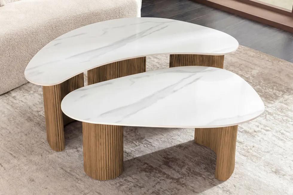 2er Set Couchtische OSAKA 120cm weiß Marmor Keramik natur Eiche