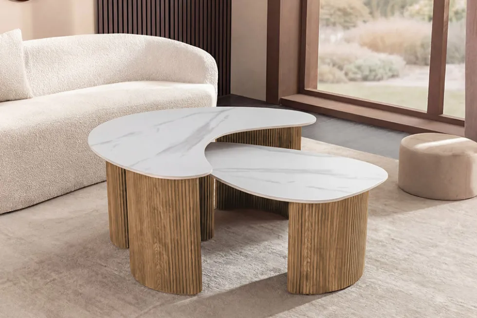 2er Set Couchtische OSAKA 120cm weiß Marmor Keramik natur Eiche