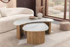 2er Set Couchtische OSAKA 120cm weiß Marmor Keramik natur Eiche