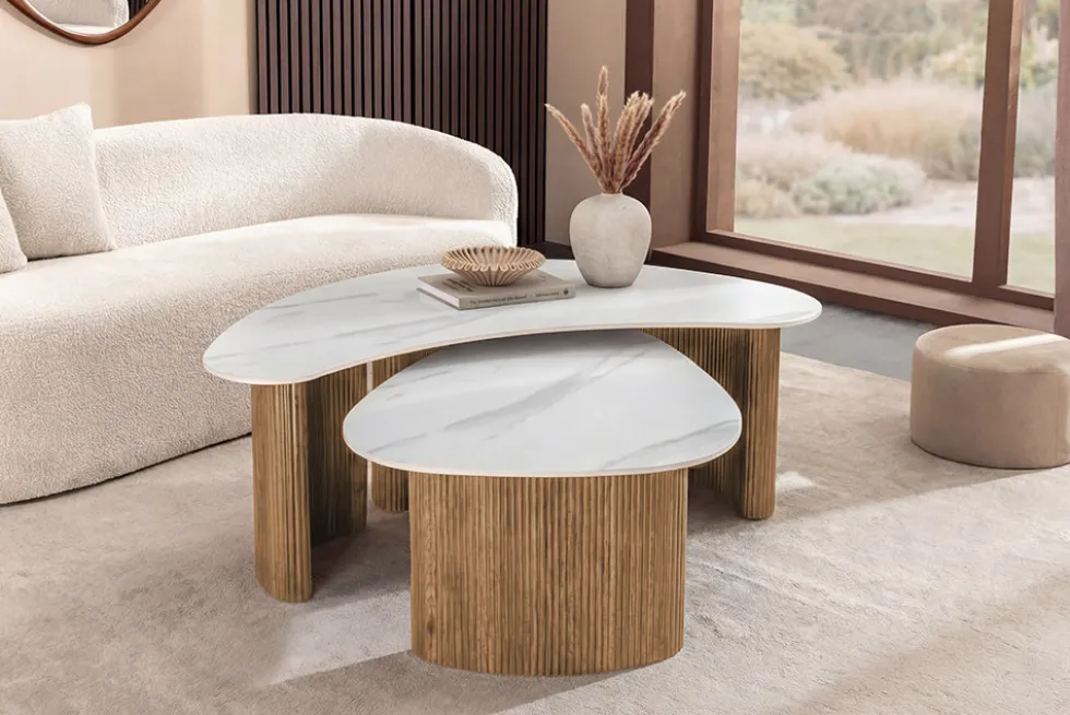 2er Set Couchtische OSAKA 120cm weiß Marmor Keramik natur Eiche