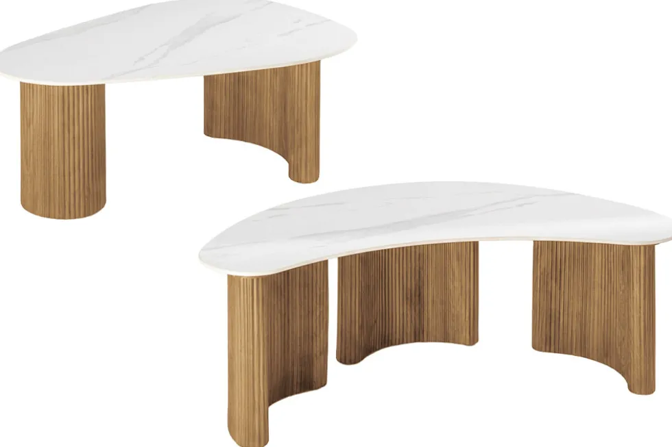 2er Set Couchtische OSAKA 120cm weiß Marmor Keramik natur Eiche