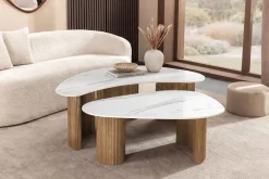 2er Set Couchtische OSAKA 120cm weiß Marmor Keramik natur Eiche