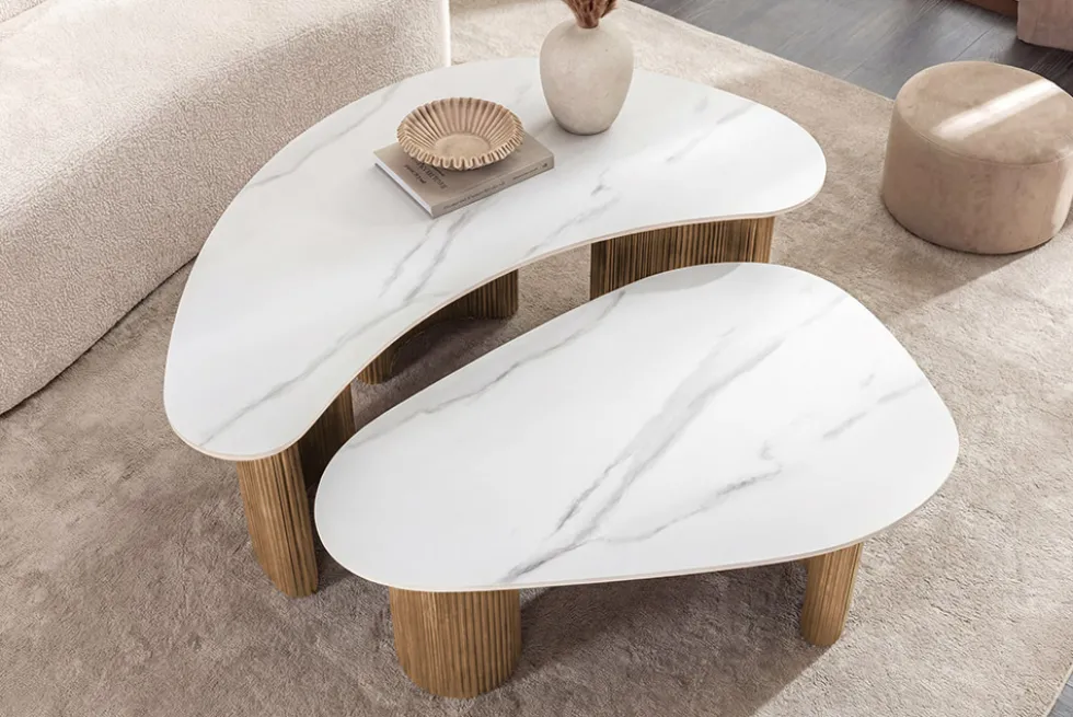 2er Set Couchtische OSAKA 120cm weiß Marmor Keramik natur Eiche