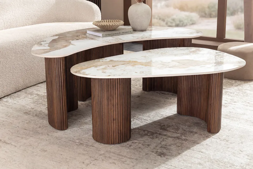 2er Set Couchtische OSAKA 120cm weiß Pandora Keramik Walnuss