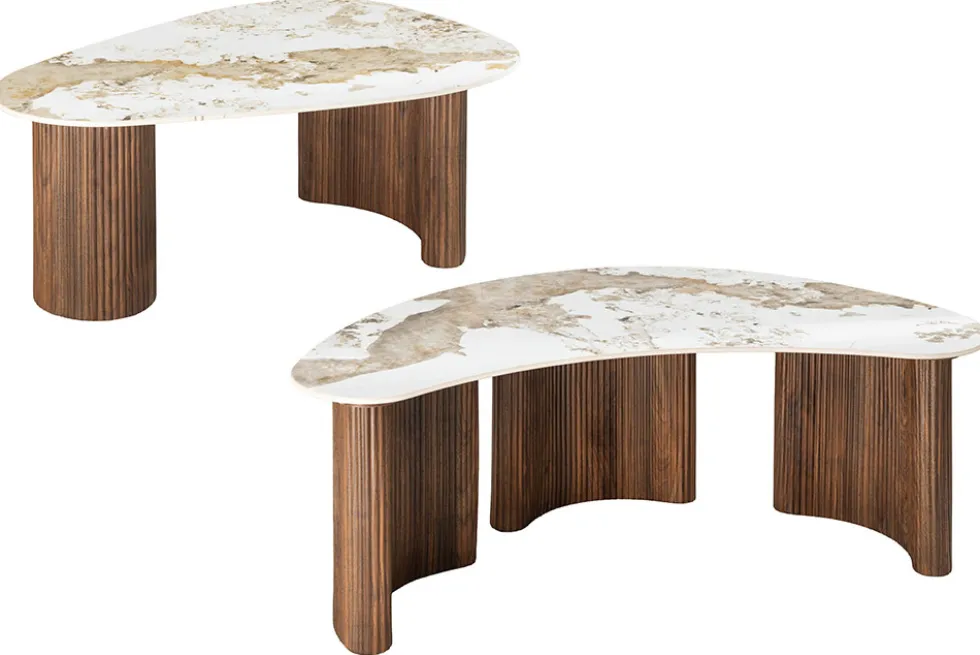 2er Set Couchtische OSAKA 120cm weiß Pandora Keramik Walnuss