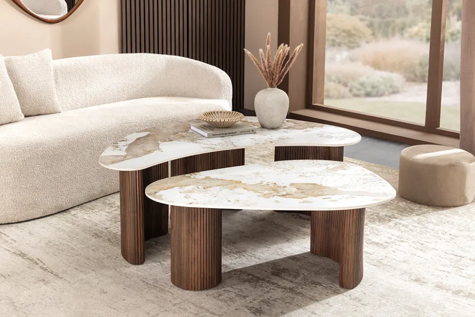 2er Set Couchtische OSAKA 120cm weiß Pandora Keramik Walnuss