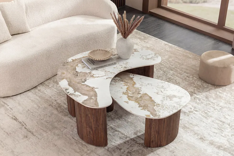 2er Set Couchtische OSAKA 120cm weiß Pandora Keramik Walnuss