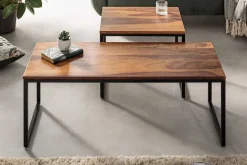 2er Set Design Couchtisch ELEMENTS 100cm Sheesham Massivholz stone finish Metallgestell
