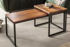 2er Set Design Couchtisch ELEMENTS 100cm Sheesham Massivholz stone finish Metallgestell