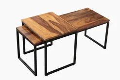 2er Set Design Couchtisch ELEMENTS 100cm Sheesham Massivholz stone finish Metallgestell