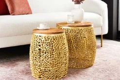 2er Set Filigraner Design Couchtisch ABSTRACT LEAF gold Akazienholz Handarbeit Metall rund