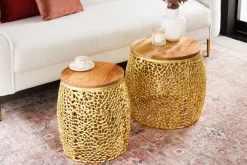 2er Set Filigraner Design Couchtisch ABSTRACT LEAF gold Akazienholz Handarbeit Metall rund