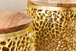 2er Set Filigraner Design Couchtisch ABSTRACT LEAF gold Akazienholz Handarbeit Metall rund