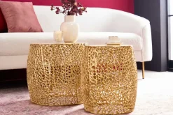 2er Set Filigraner Design Couchtisch ABSTRACT LEAF gold Handarbeit Metall rund