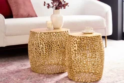 2er Set Filigraner Design Couchtisch ABSTRACT LEAF gold Handarbeit Metall rund