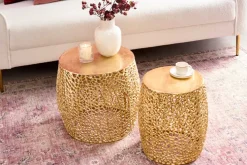 2er Set Filigraner Design Couchtisch ABSTRACT LEAF gold Handarbeit Metall rund