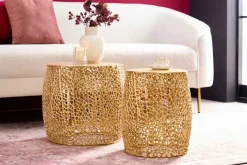 2er Set Filigraner Design Couchtisch ABSTRACT LEAF gold Handarbeit Metall rund
