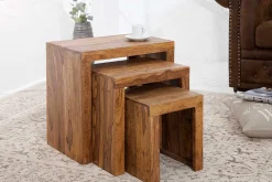 3er Set Massivholz Beistelltische MAKASSAR 45cm braun Sheesham stone finish Maserung