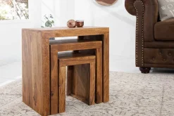 3er Set Massivholz Beistelltische MAKASSAR 45cm braun Sheesham stone finish Maserung