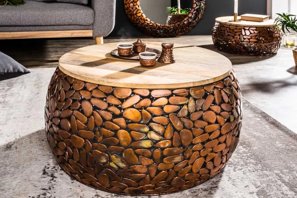 2er Set Runde Couchtische STONE MOSAIC 65cm kupfer Mangoholz Metall Mosaik Design handmade
