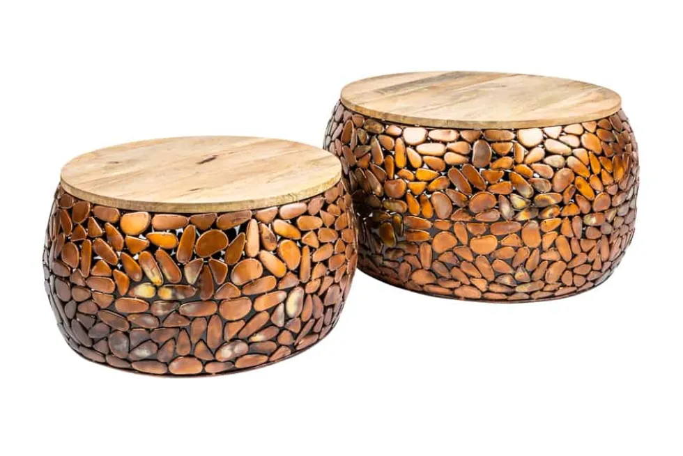2er Set Runde Couchtische STONE MOSAIC 65cm kupfer Mangoholz Metall Mosaik Design handmade