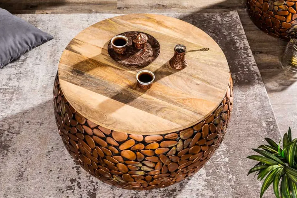 2er Set Runde Couchtische STONE MOSAIC 65cm kupfer Mangoholz Metall Mosaik Design handmade