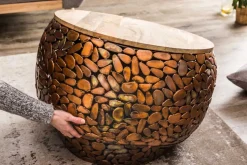 2er Set Runde Couchtische STONE MOSAIC 65cm kupfer Mangoholz Metall Mosaik Design handmade