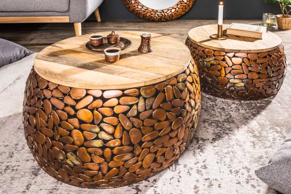 2er Set Runde Couchtische STONE MOSAIC 65cm kupfer Mangoholz Metall Mosaik Design handmade