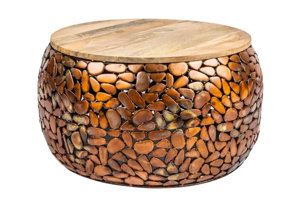 2er Set Runde Couchtische STONE MOSAIC 65cm kupfer Mangoholz Metall Mosaik Design handmade