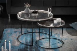 2er Set Runde Couchtische ELEMENTS 65cm silber schwarz Metall Tablett Beistelltisch