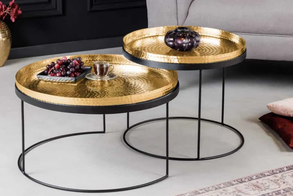 2er Set Runde Couchtische ELEMENTS 60cm gold schwarz Metall Tabletttisch Beistelltisch handmade
