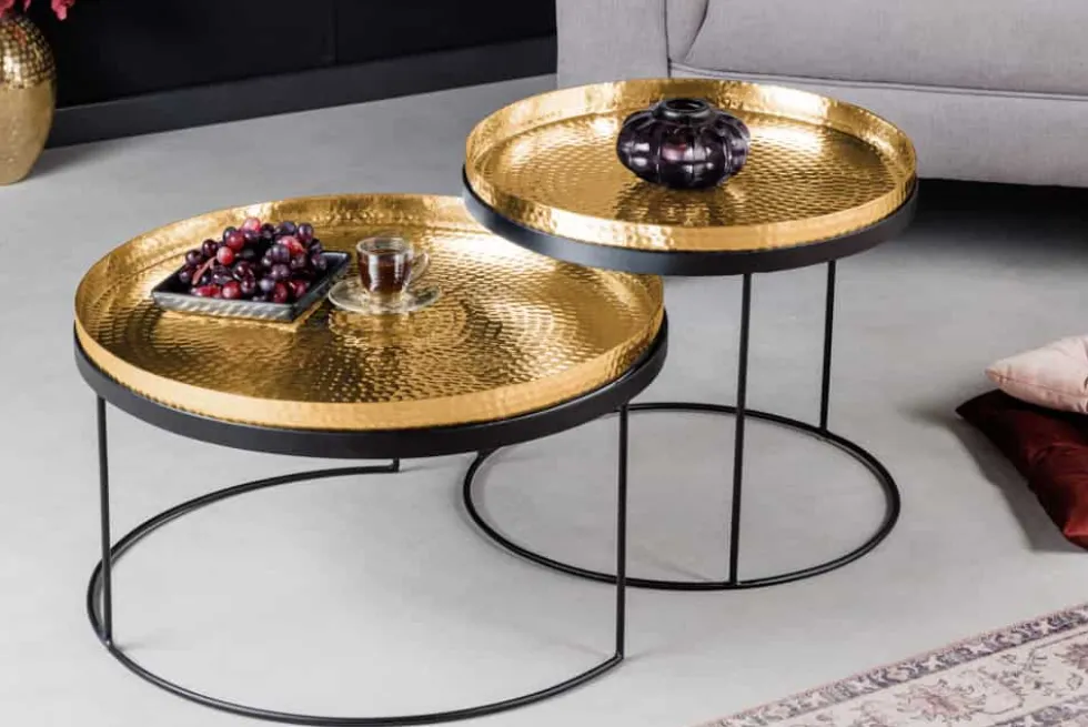 2er Set Runde Couchtische ELEMENTS 60cm gold schwarz Metall Tabletttisch Beistelltisch handmade