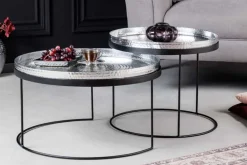 2er Set Runde Couchtische ELEMENTS 60cm silber schwarz Metall Tabletttisch Beistelltisch