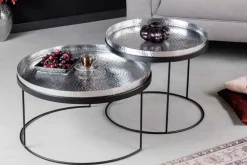 2er Set Runde Couchtische ELEMENTS 60cm silber schwarz Metall Tabletttisch Beistelltisch