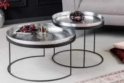 2er Set Runde Couchtische ELEMENTS 60cm silber schwarz Metall Tabletttisch Beistelltisch