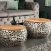2er Set Runde Couchtische STONE MOSAIC 65cm silber Mangoholz Metall handmade Mosaik Design