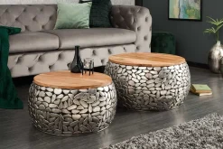 2er Set Runde Couchtische STONE MOSAIC 65cm silber Mangoholz Metall handmade Mosaik Design