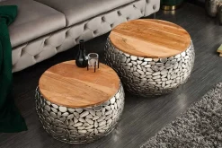 2er Set Runde Couchtische STONE MOSAIC 65cm silber Mangoholz Metall handmade Mosaik Design