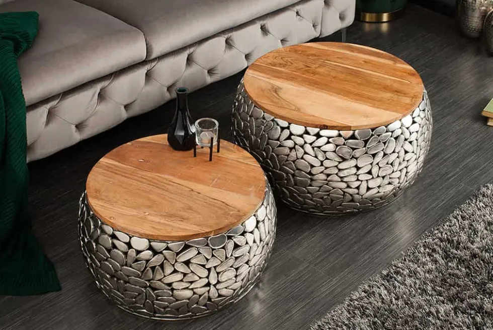 2er Set Runde Couchtische STONE MOSAIC 65cm silber Mangoholz Metall handmade Mosaik Design