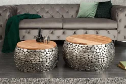 2er Set Runde Couchtische STONE MOSAIC 65cm silber Mangoholz Metall handmade Mosaik Design