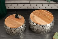 2er Set Runde Couchtische STONE MOSAIC 65cm silber Mangoholz Metall handmade Mosaik Design