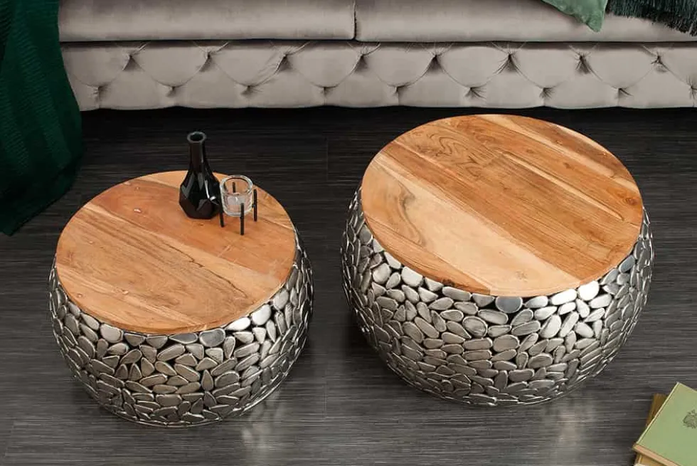 2er Set Runde Couchtische STONE MOSAIC 65cm silber Mangoholz Metall handmade Mosaik Design