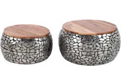 2er Set Runde Couchtische STONE MOSAIC 65cm silber Mangoholz Metall handmade Mosaik Design