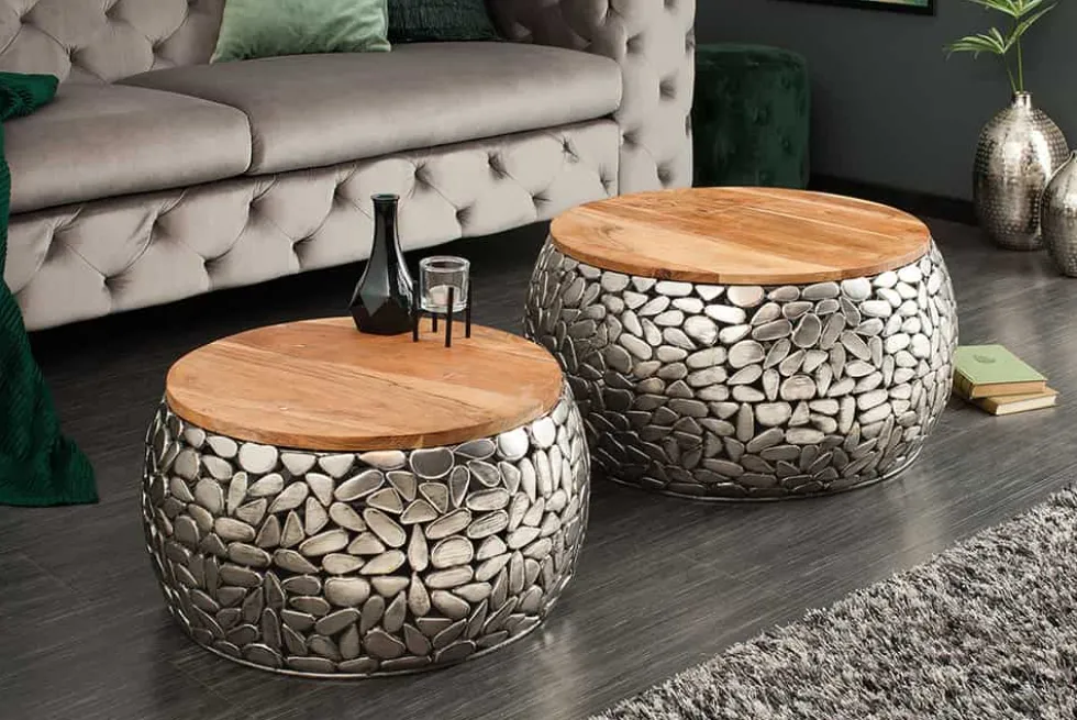 2er Set Runde Couchtische STONE MOSAIC 65cm silber Mangoholz Metall handmade Mosaik Design
