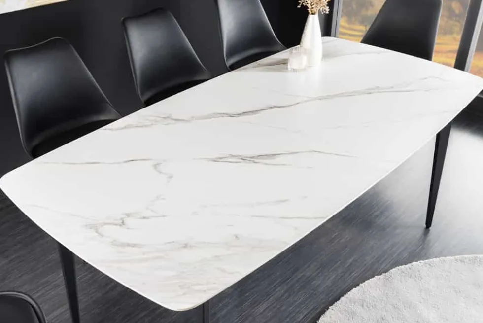 Esstisch MILANO 180cm weiß Marmor Keramik schwarzes Metallgestell