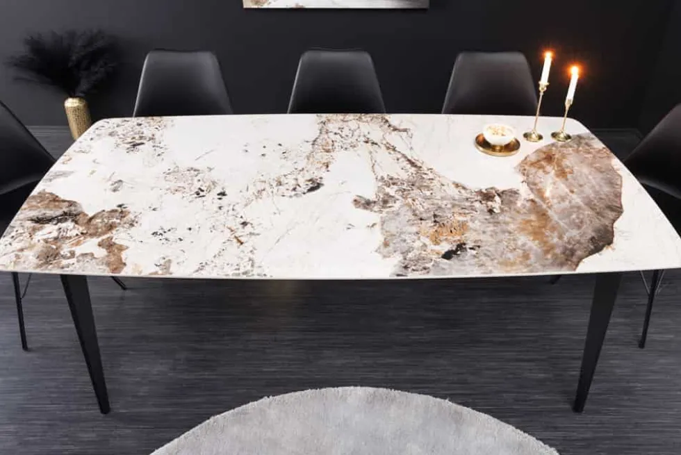 Esstisch MILANO 180cm weiß Pandora Keramik schwarzes Metallgestell