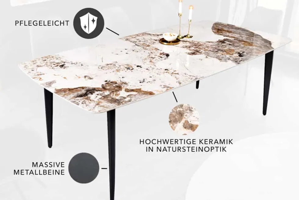 Esstisch MILANO 180cm weiß Pandora Keramik schwarzes Metallgestell