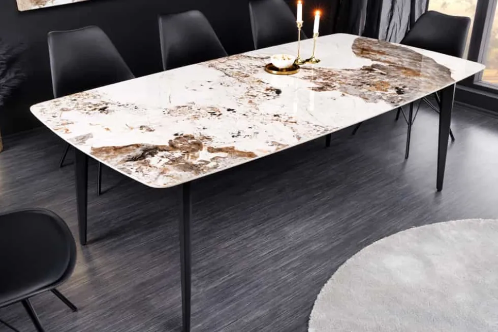 Esstisch MILANO 160cm weiß Pandora Keramik schwarzes Metallgestell